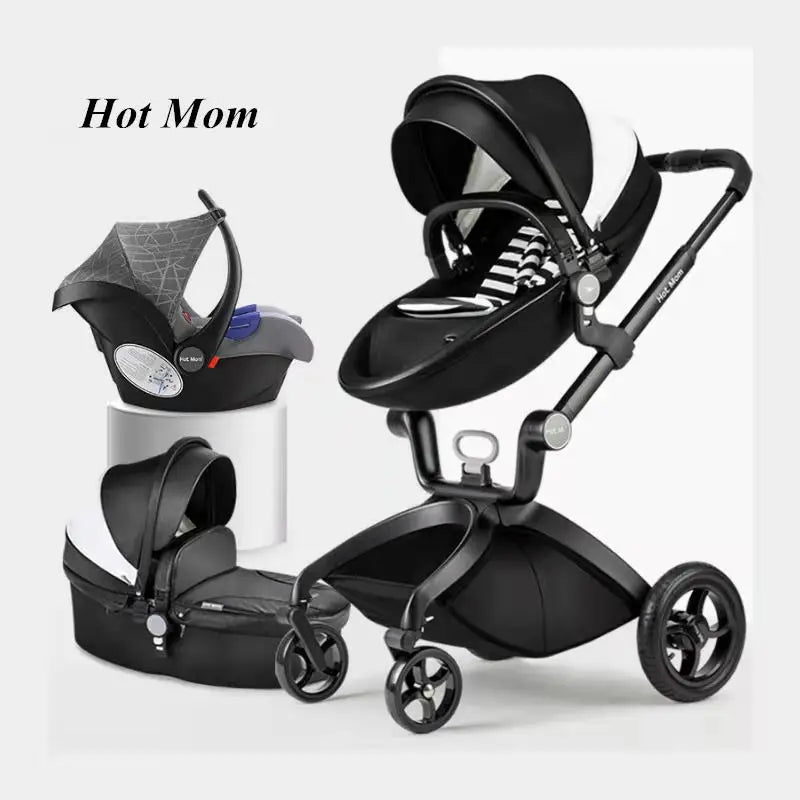 HKM-907283 Luxury Foldable 3-in-1 Aluminium Pram Travel System with Eco Leather Seat