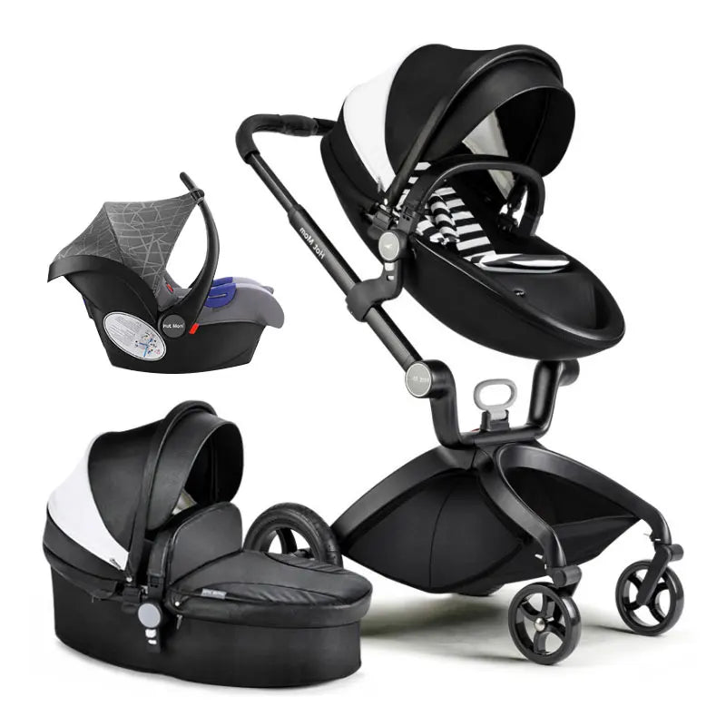 HKM-907283 Luxury Foldable 3-in-1 Aluminium Pram Travel System with Eco Leather Seat