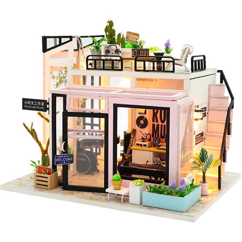 HKM-907347 DIY Wooden Miniature Dollhouse with LED Light - Educational Craft Kit for Kids Ages 6+