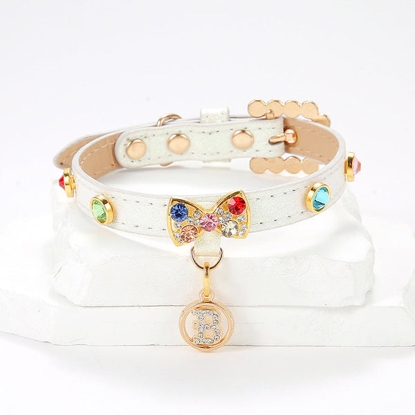 HKM-9074237 Elegant White Cat Collar with Diamond Alloy Bow ¨C Sizes XS to L