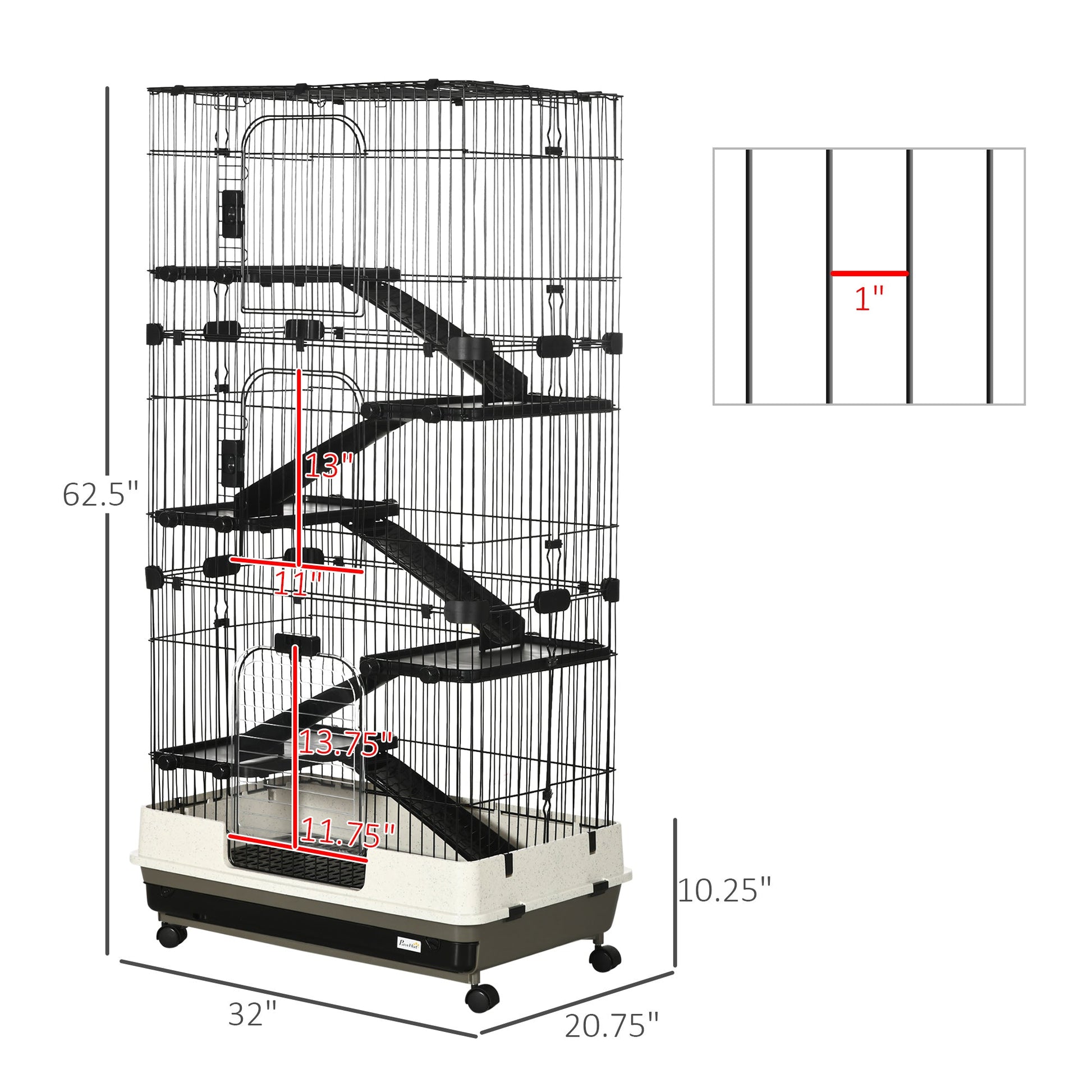 HKM-9075645 6-Level Small Animal Cage with Wheels and Slide-out Tray for Rabbits, Chinchillas, and Ferrets - 32L, Black
