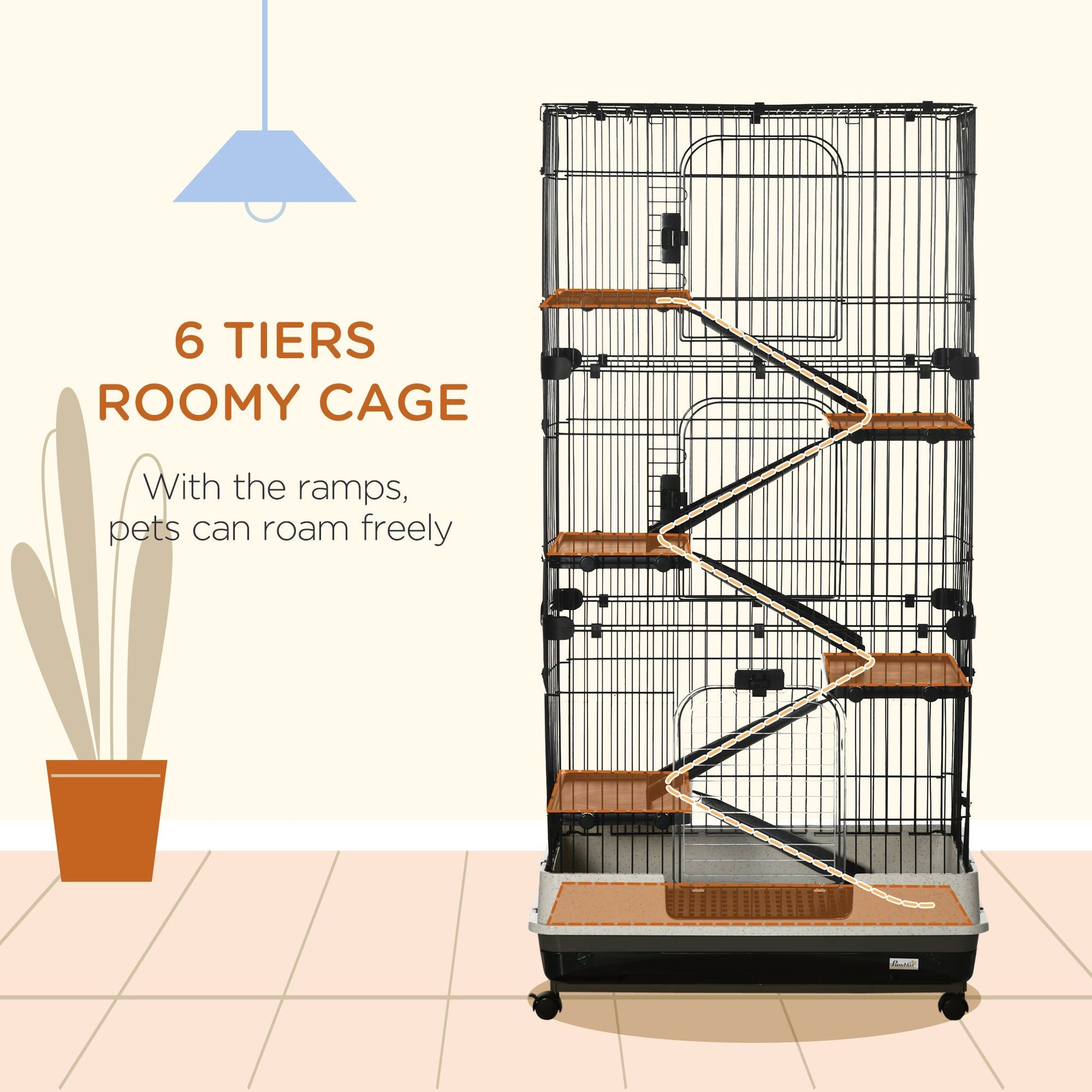 HKM-9075645 6-Level Small Animal Cage with Wheels and Slide-out Tray for Rabbits, Chinchillas, and Ferrets - 32L, Black