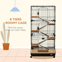 HKM-9075645 6-Level Small Animal Cage with Wheels and Slide-out Tray for Rabbits, Chinchillas, and Ferrets - 32L, Black