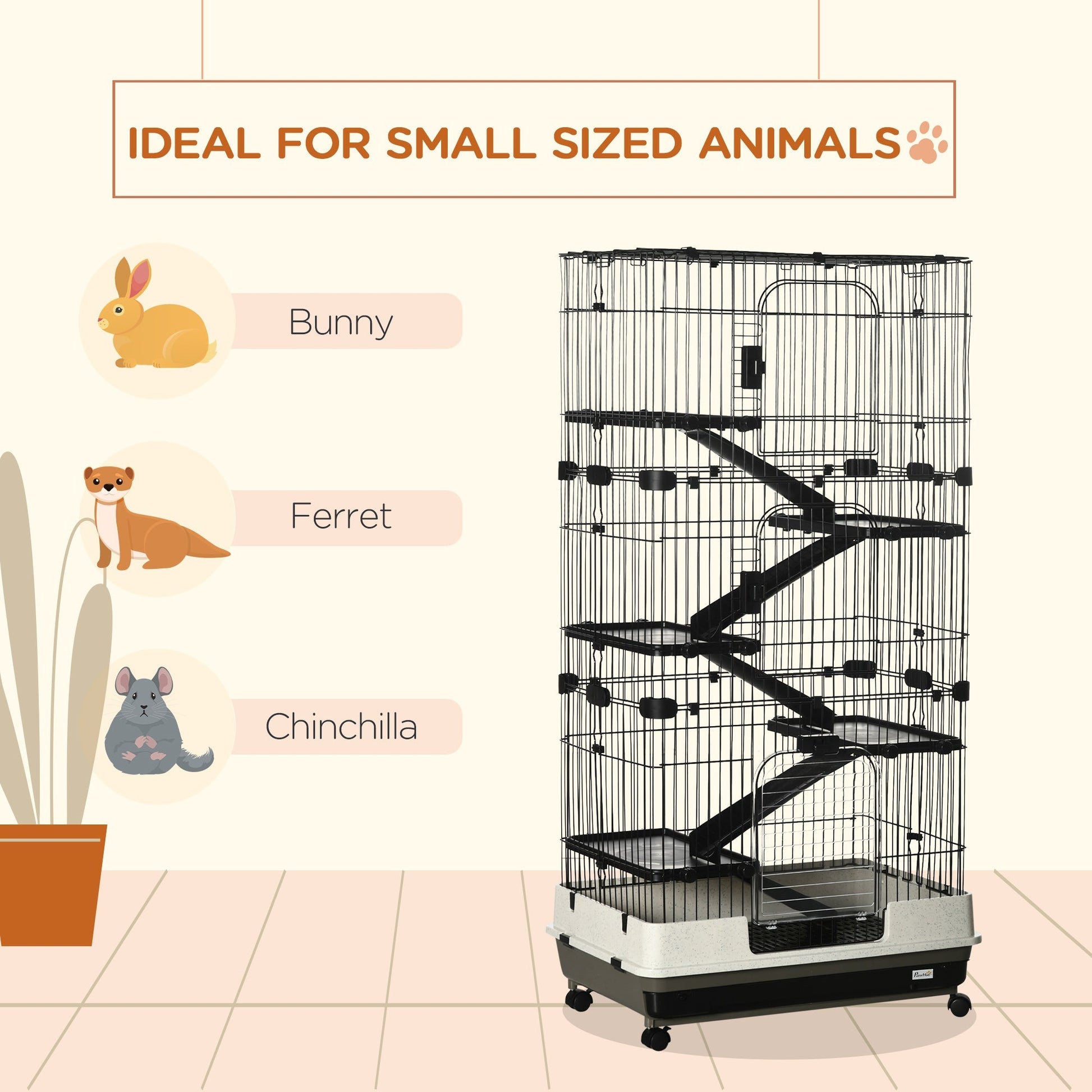 HKM-9075645 6-Level Small Animal Cage with Wheels and Slide-out Tray for Rabbits, Chinchillas, and Ferrets - 32L, Black
