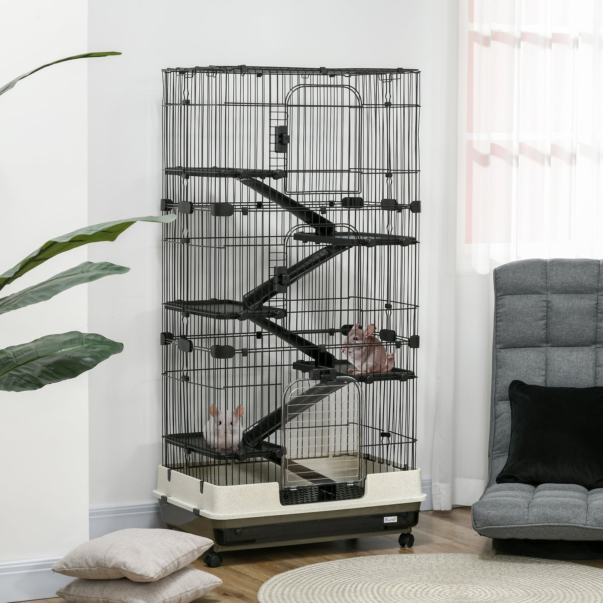 HKM-9075645 6-Level Small Animal Cage with Wheels and Slide-out Tray for Rabbits, Chinchillas, and Ferrets - 32L, Black