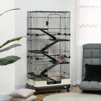 HKM-9075645 6-Level Small Animal Cage with Wheels and Slide-out Tray for Rabbits, Chinchillas, and Ferrets - 32L, Black