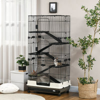 HKM-9075645 6-Level Small Animal Cage with Wheels and Slide-out Tray for Rabbits, Chinchillas, and Ferrets - 32L, Black