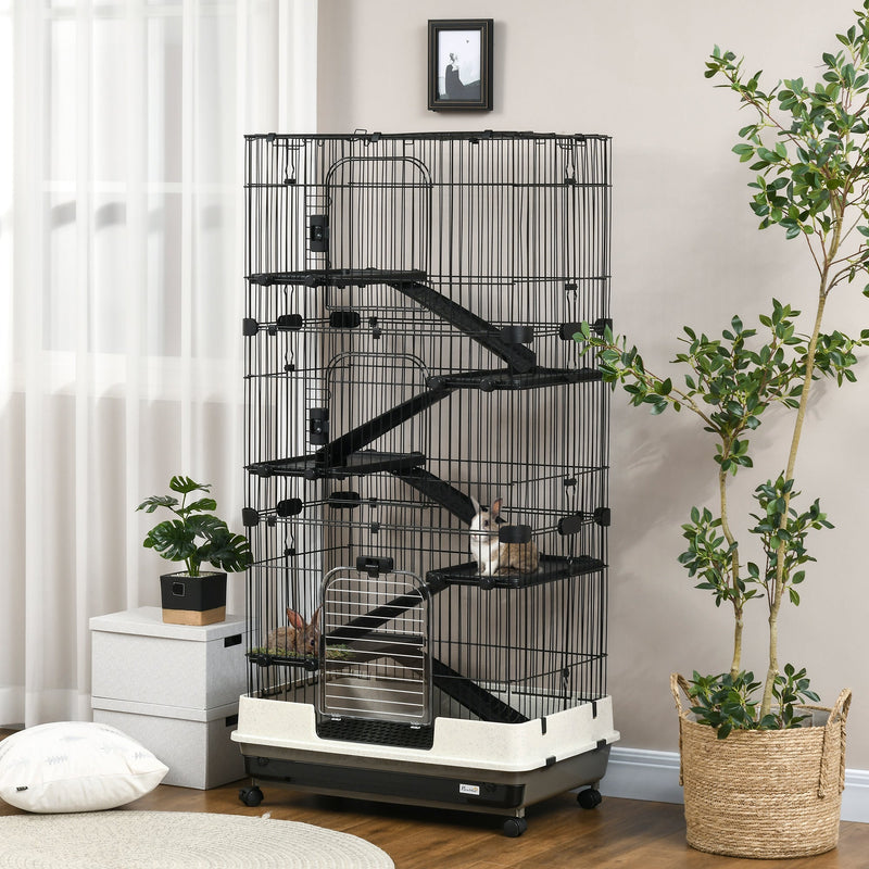 HKM-9075645 6-Level Small Animal Cage with Wheels and Slide-out Tray for Rabbits, Chinchillas, and Ferrets - 32L, Black