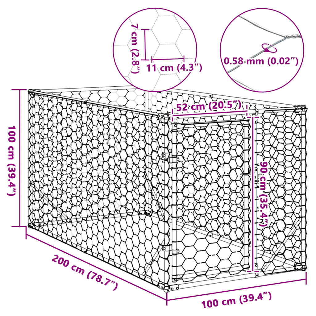 HKM-9076029 Galvanized Outdoor Dog Kennel with Door - 2x1x1 m, 7x11 cm Mesh Size