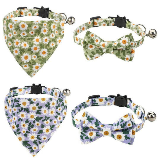 HKM-907795 Floral Cotton Cat Collar with Detachable Bow and Bell - Multiple Colors Available