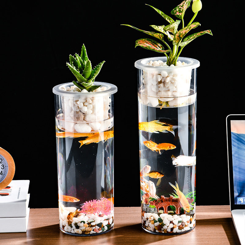 HKM-907923 Transparent Mini Column Fish Tank for Creative Desktop Eco Decoration