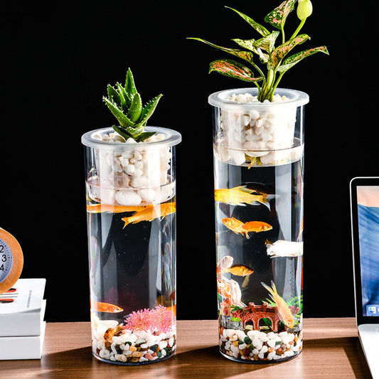 HKM-907923 Transparent Mini Column Fish Tank for Creative Desktop Eco Decoration