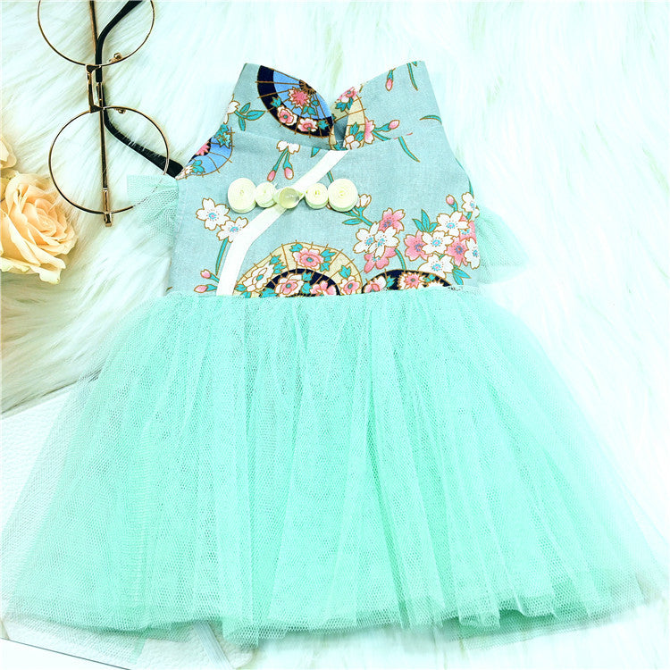 HKM-9080125 Retro Chinese Style Dog Dress in Gilding Cotton - Green Oil Umbrella & Beige Oil Umbrella Options