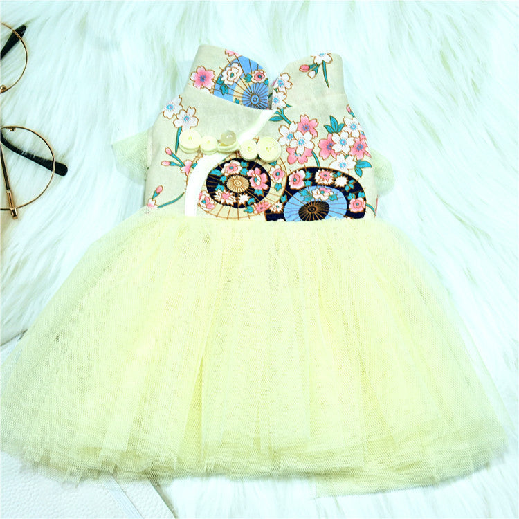 HKM-9080125 Retro Chinese Style Dog Dress in Gilding Cotton - Green Oil Umbrella & Beige Oil Umbrella Options