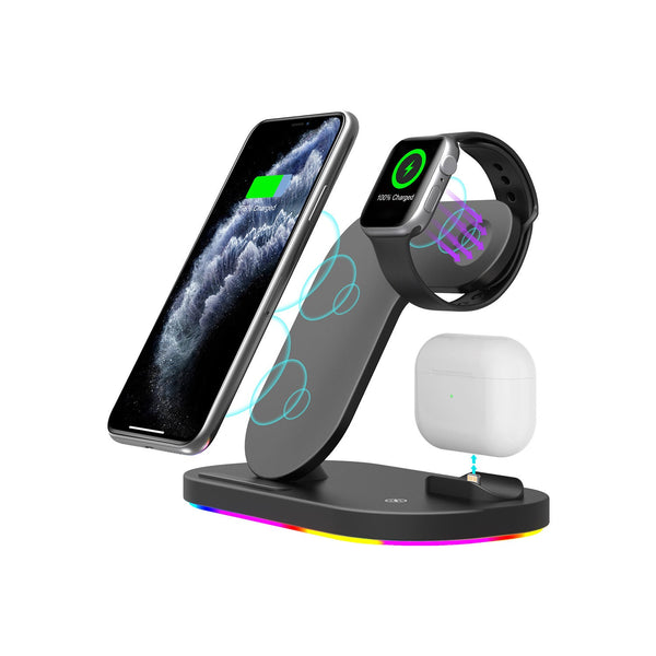 HKM-908307 3-in-1 Wireless Charging Station Compatible with iPhone 12 Pro, XR, AirPods Pro, and iWatch, 15W Quick Charge, Foldable, Black/White