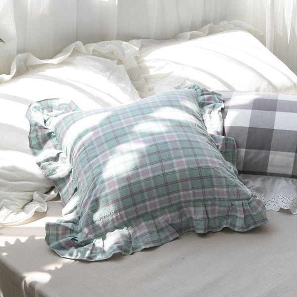 HKM-908307 Plaid Cotton Rectangular Ruffled Pillowcase - Multiple Sizes Available