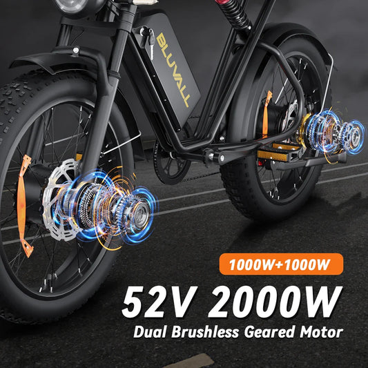 HKM-908947 52V Electric Hybrid Mountain Bike with 20" Wheels, Dual Suspension, 7-Speed Gear System, and Hydraulic Disc Brakes