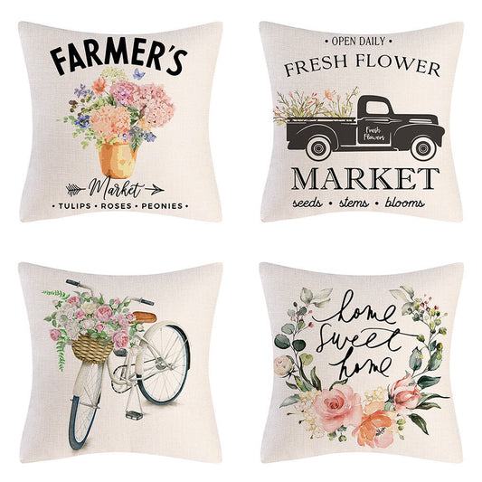 HKM-908947 Tulip Farm Bike Floral Linen Cushion Pillowcase 45x45cm