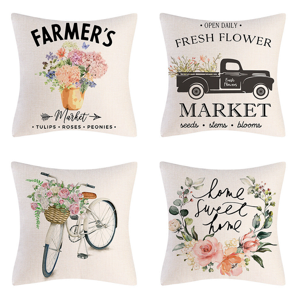 HKM-908947 Tulip Farm Bike Floral Linen Cushion Pillowcase 45x45cm
