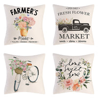 HKM-908947 Tulip Farm Bike Floral Linen Cushion Pillowcase 45x45cm
