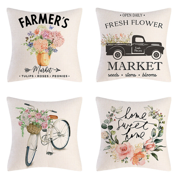 HKM-908947 Tulip Farm Bike Floral Linen Cushion Pillowcase 45x45cm