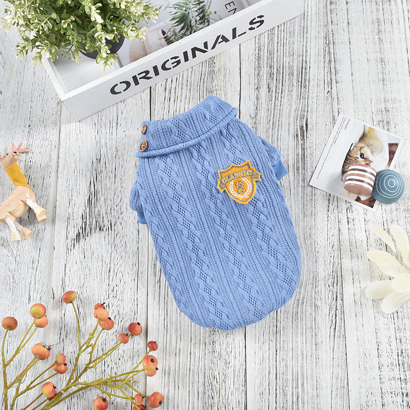 HKM-9091261 Cozy Polyester Knit Dog Clothes for Autumn and Winter in Blue, Yellow, Pink, and Gray