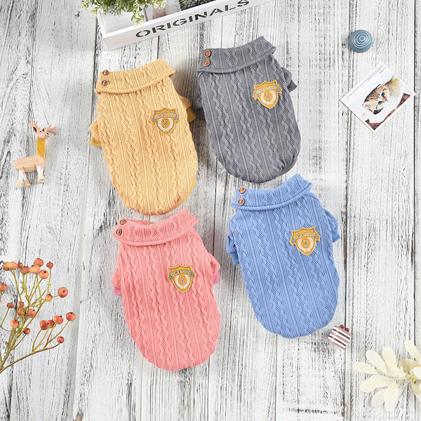 HKM-9091261 Cozy Polyester Knit Dog Clothes for Autumn and Winter in Blue, Yellow, Pink, and Gray
