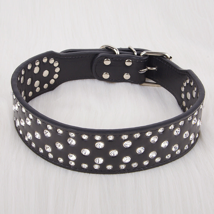 HKM-909267 Shiny Rhinestone Leather Dog Collar in Black, White, Red, and Pink - Sizes XS to XL