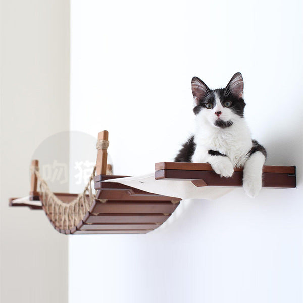 HKM-9097405 Cat Suspension Bridge Rope Ladder - Solid Wood Cat Climbing Frame with Soft Hemp Rope for Wall Mounting