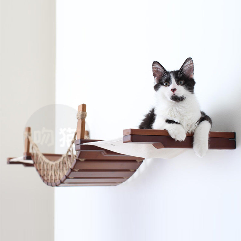 HKM-9097405 Cat Suspension Bridge Rope Ladder - Solid Wood Cat Climbing Frame with Soft Hemp Rope for Wall Mounting