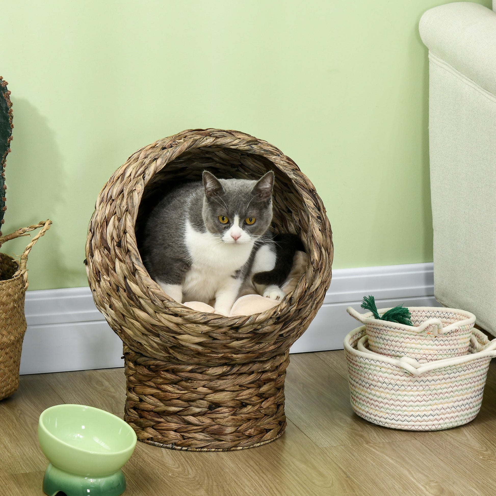 HKM-9097661 Elevated Cat Bed with Soft Cushion, Stylish Wicker Basket Design for Indoor Cats - 20" H, Gray