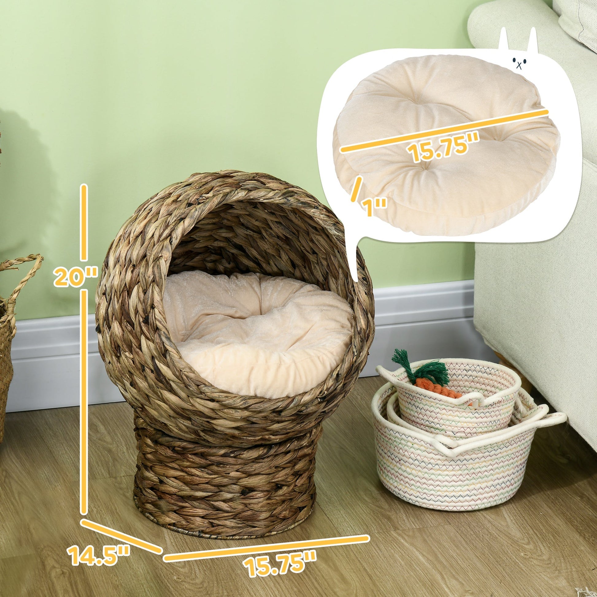 HKM-9097661 Elevated Cat Bed with Soft Cushion, Stylish Wicker Basket Design for Indoor Cats - 20" H, Gray