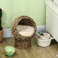HKM-9097661 Elevated Cat Bed with Soft Cushion, Stylish Wicker Basket Design for Indoor Cats - 20" H, Gray