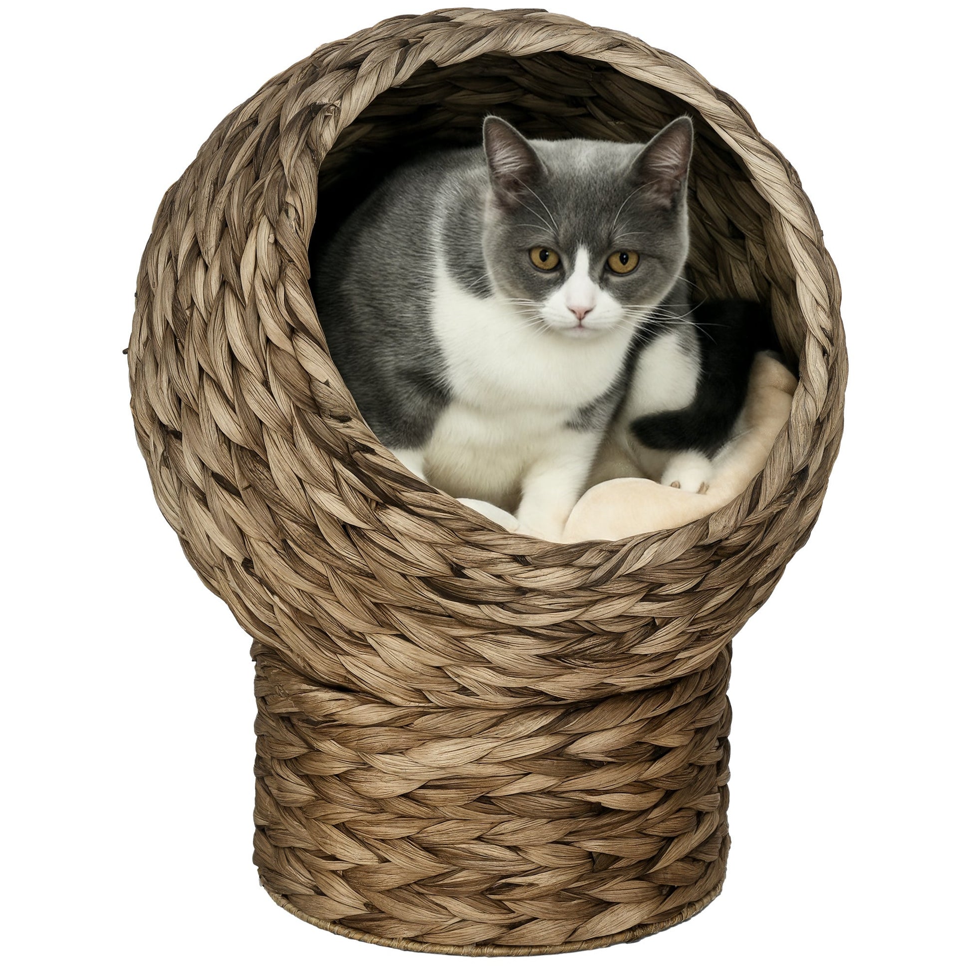 HKM-9097661 Elevated Cat Bed with Soft Cushion, Stylish Wicker Basket Design for Indoor Cats - 20" H, Gray