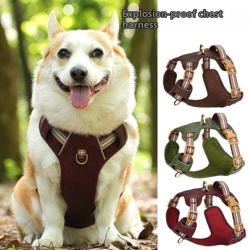 HKM-9101629 Reflective Retro Leather Pet Harness - Explosion-Proof Design in Brown, Green, and Red