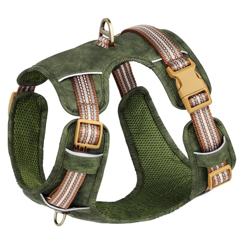 HKM-9101629 Reflective Retro Leather Pet Harness - Explosion-Proof Design in Brown, Green, and Red