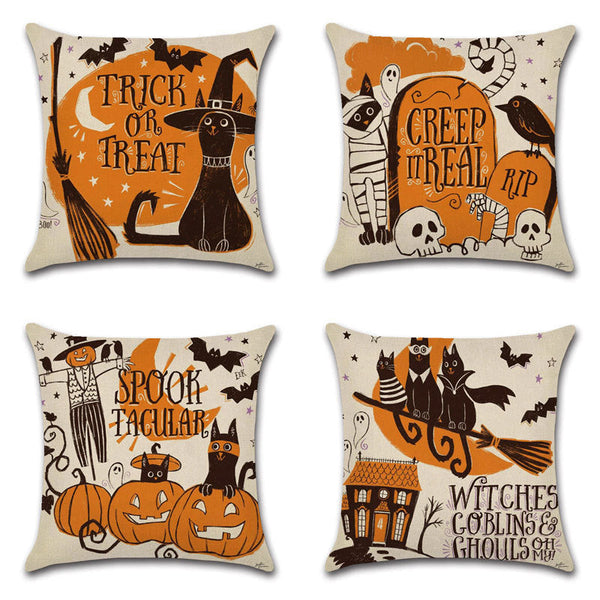 HKM-910227 Halloween Cartoon Linen Throw Pillowcase with Cute Animal and Geometric Patterns, 45x45cm