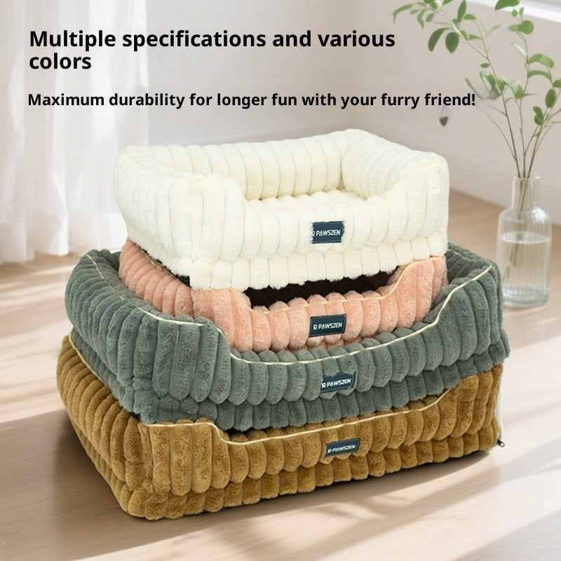 HKM-9103037 Large Square Striped Rabbit Fur Dog Bed with Removable Angora Cover in Multiple Colors