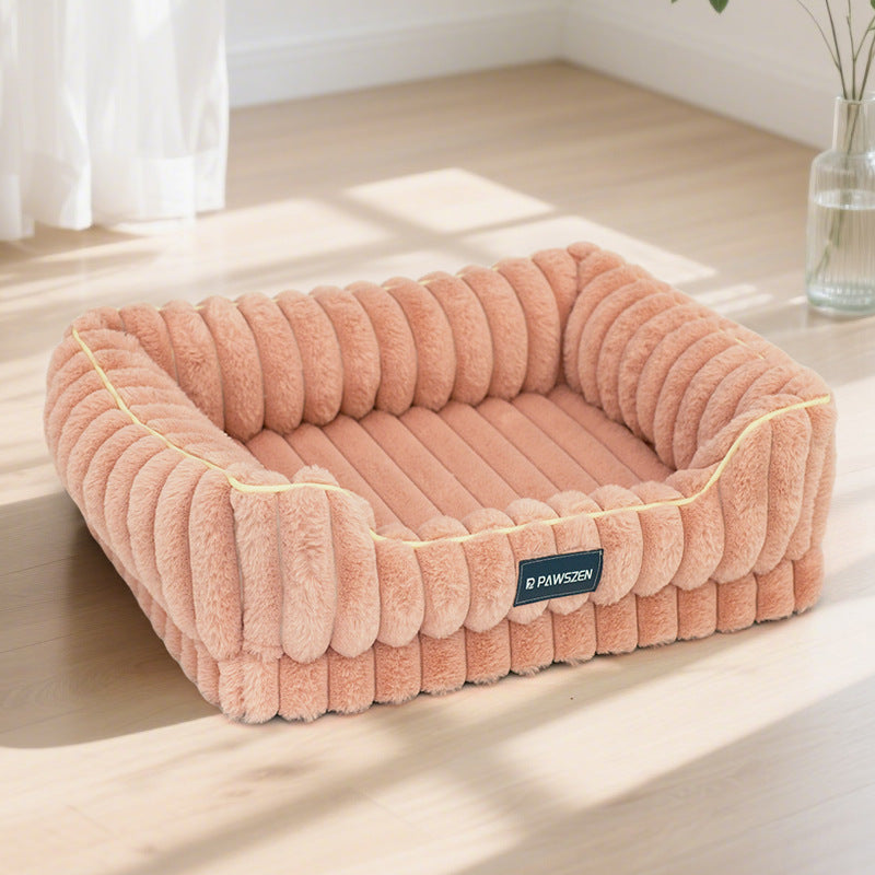 HKM-9103037 Large Square Striped Rabbit Fur Dog Bed with Removable Angora Cover in Multiple Colors