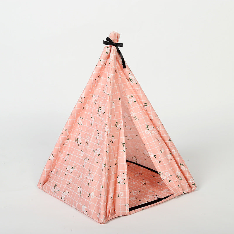 HKM-9103805 Portable Folding Doghouse in Grey, Dark Apricot, and Light Pink - Flower Cloth, 34x34x40cm