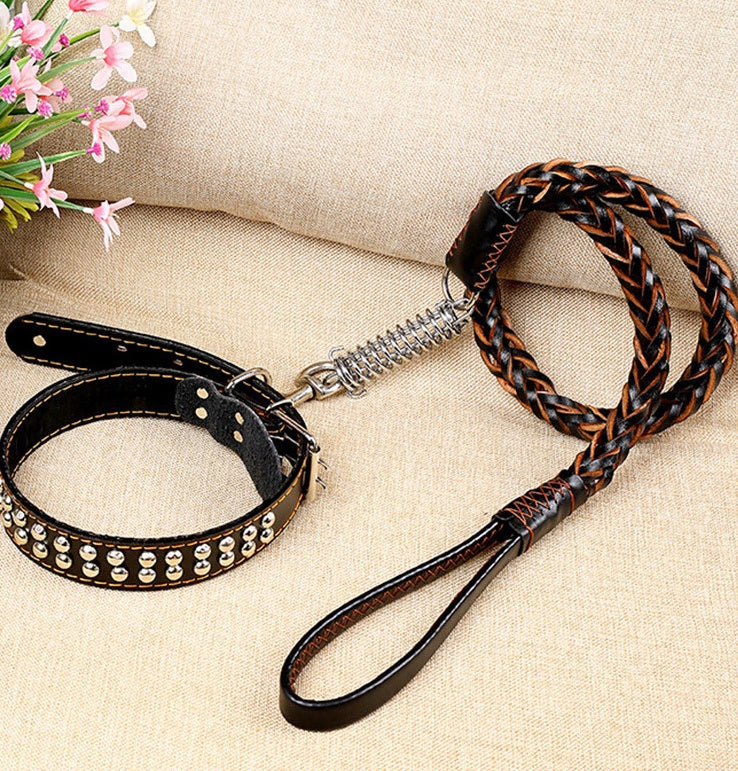 HKM-9104573 Leather Traction Rope Chain Collar with Adjustable Size and Explosion-proof Design