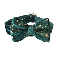 HKM-9106749 Green Star Fleece Dog Collar with Bow Tie - All Season Casual Cotton Design for Dogs in Sizes S, M, L, XL