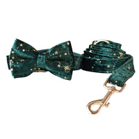 HKM-9106749 Green Star Fleece Dog Collar with Bow Tie - All Season Casual Cotton Design for Dogs in Sizes S, M, L, XL
