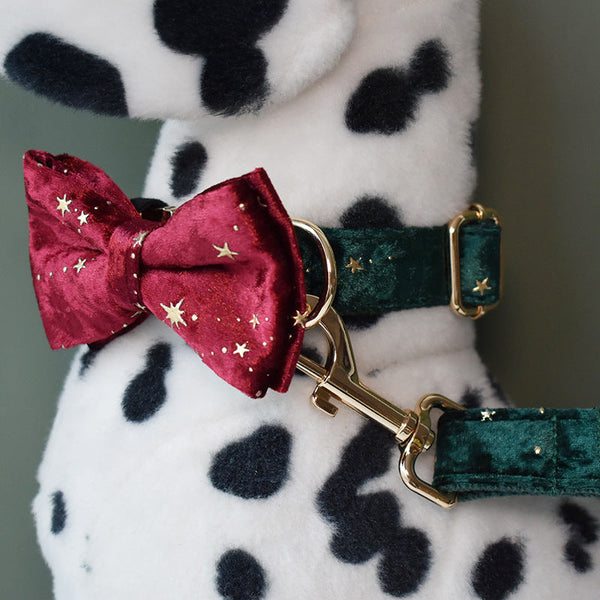 HKM-9106749 Green Star Fleece Dog Collar with Bow Tie - All Season Casual Cotton Design for Dogs in Sizes S, M, L, XL