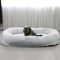 HKM-9108797 Plush Grey Round Dog Bed with Warm Sponge Filling - Cozy Pet Nest for Winter