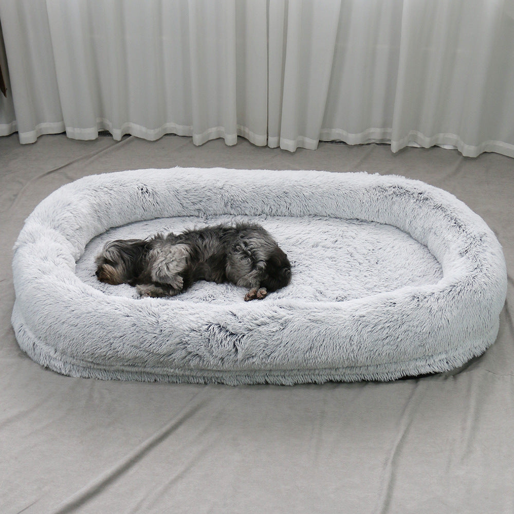 HKM-9108797 Plush Grey Round Dog Bed with Warm Sponge Filling - Cozy Pet Nest for Winter