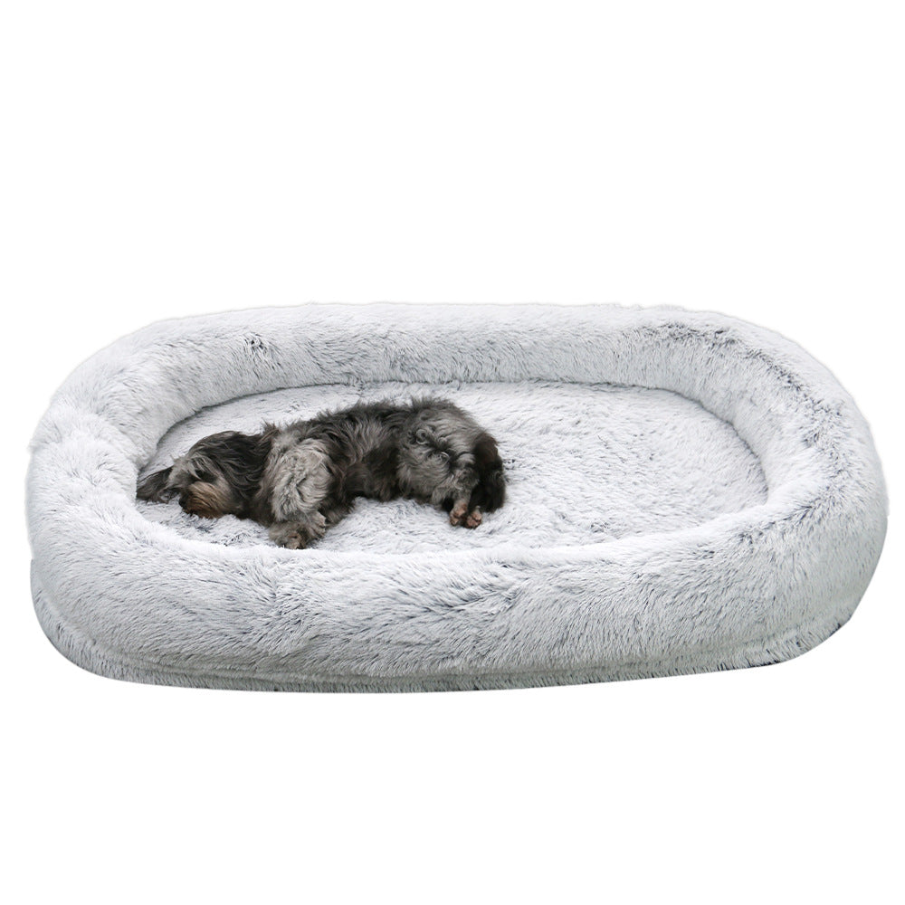 HKM-9108797 Plush Grey Round Dog Bed with Warm Sponge Filling - Cozy Pet Nest for Winter