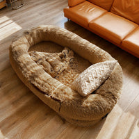 HKM-9108797 Plush Grey Round Dog Bed with Warm Sponge Filling - Cozy Pet Nest for Winter