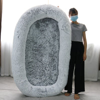 HKM-9108797 Plush Grey Round Dog Bed with Warm Sponge Filling - Cozy Pet Nest for Winter
