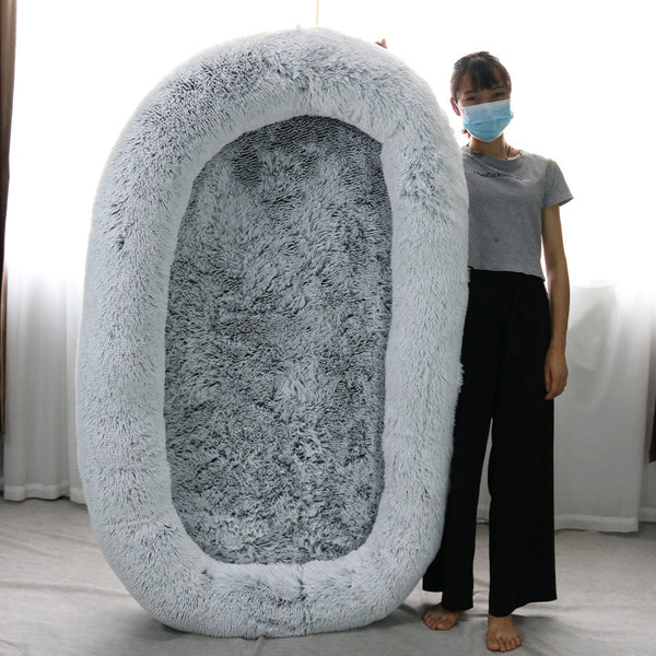 HKM-9108797 Plush Grey Round Dog Bed with Warm Sponge Filling - Cozy Pet Nest for Winter